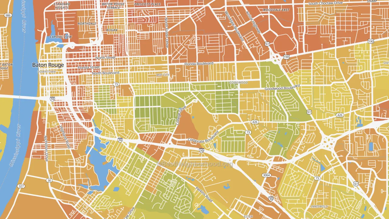 Map of the best neighborhoods in the Mid City South, Baton Rouge area, with better matches in green and worse matches in red