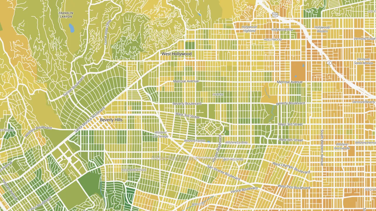 Map of the best neighborhoods in the Mid City West, Los Angeles area, with better matches in green and worse matches in red