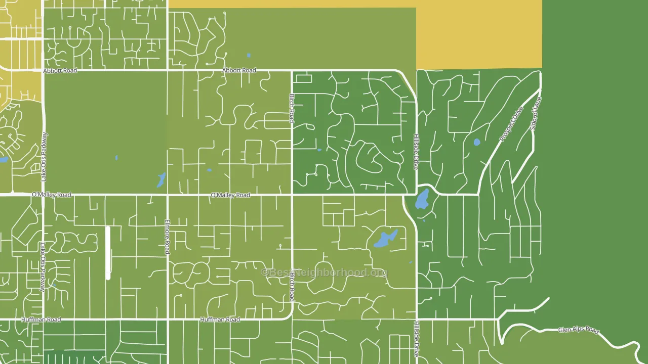 Map of the best neighborhoods in the Mid-Hillside, Anchorage area, with better matches in green and worse matches in red