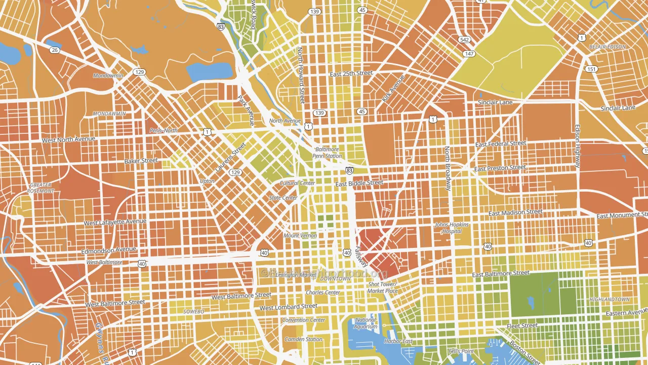 Map of the best neighborhoods in the Mid-Town Belvedere, Baltimore area, with better matches in green and worse matches in red