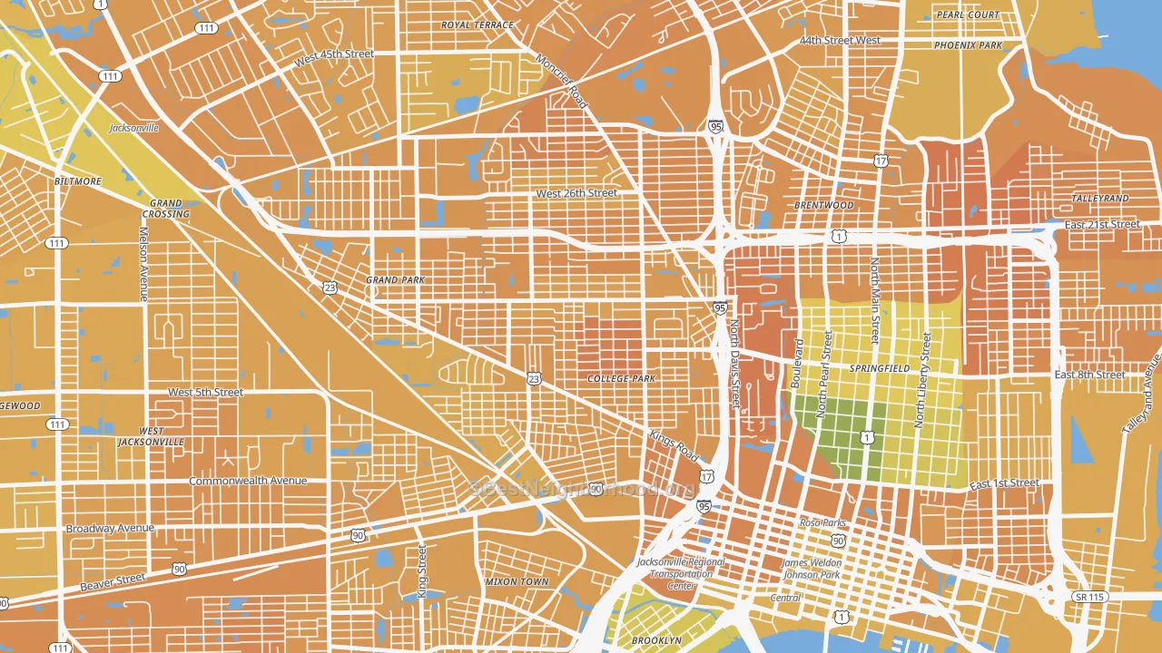 Map of the best neighborhoods in the Mid-Westside, Jacksonville area, with better matches in green and worse matches in red
