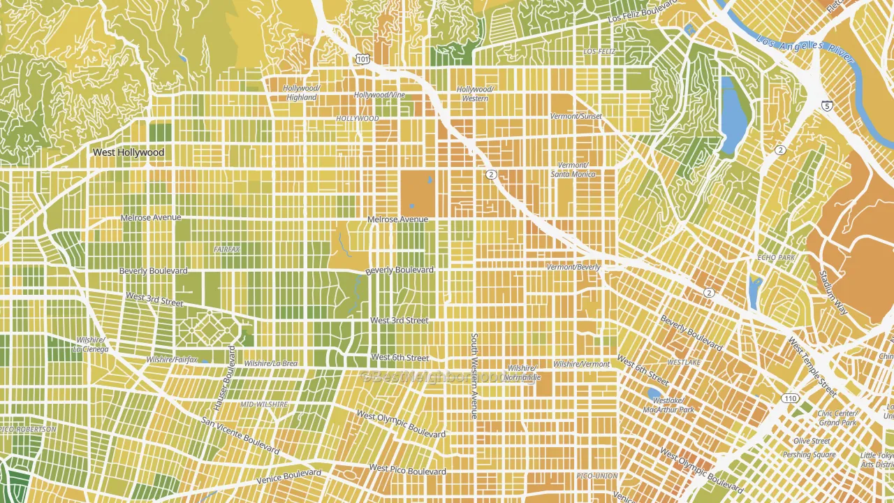 Map of the best neighborhoods in the Mid Wilshire, Los Angeles area, with better matches in green and worse matches in red