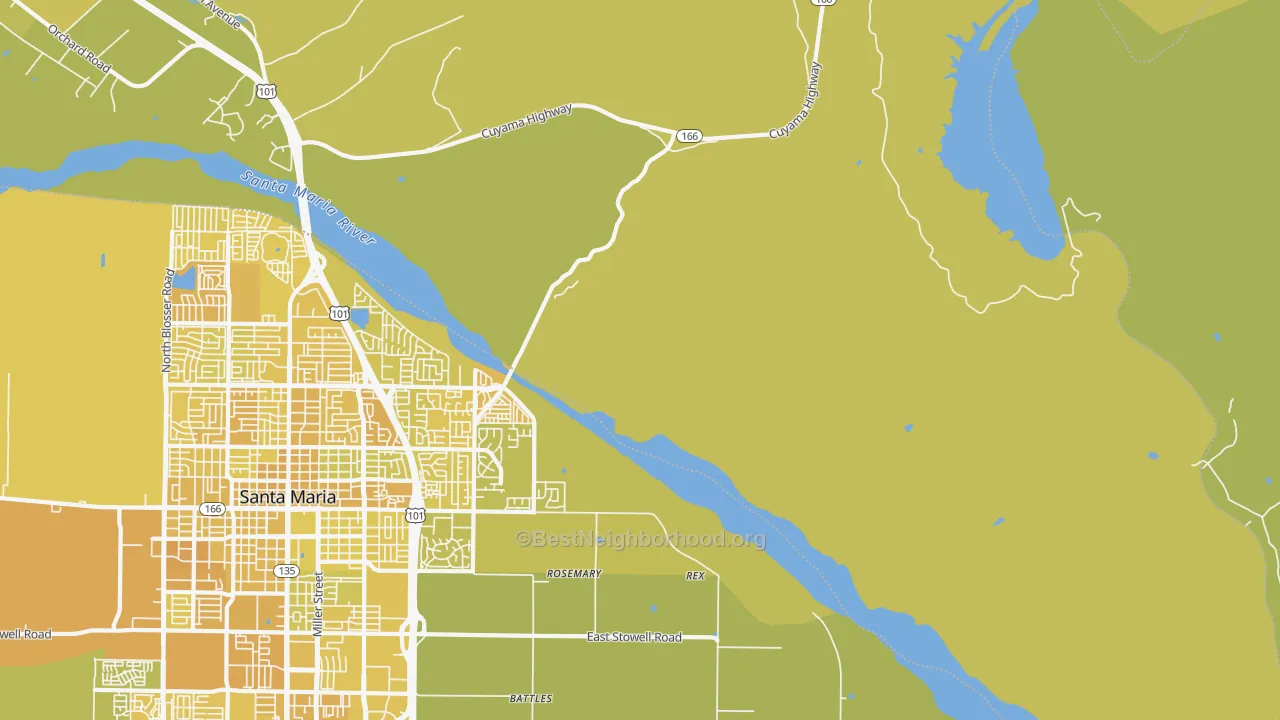 Map of the best neighborhoods in the Midco area, with better matches in green and worse matches in red