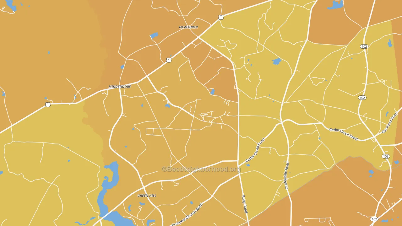 Map of the best neighborhoods in the Middendorf area, with better matches in green and worse matches in red