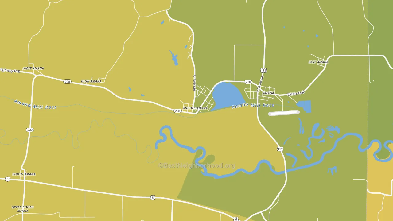 Map of the best neighborhoods in the Middle Amana area, with better matches in green and worse matches in red