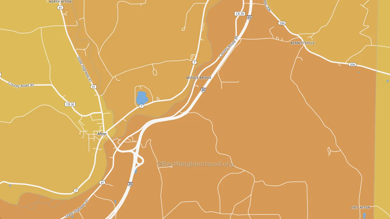 Map of the best neighborhoods in the Middle Bridge area, with better matches in green and worse matches in red