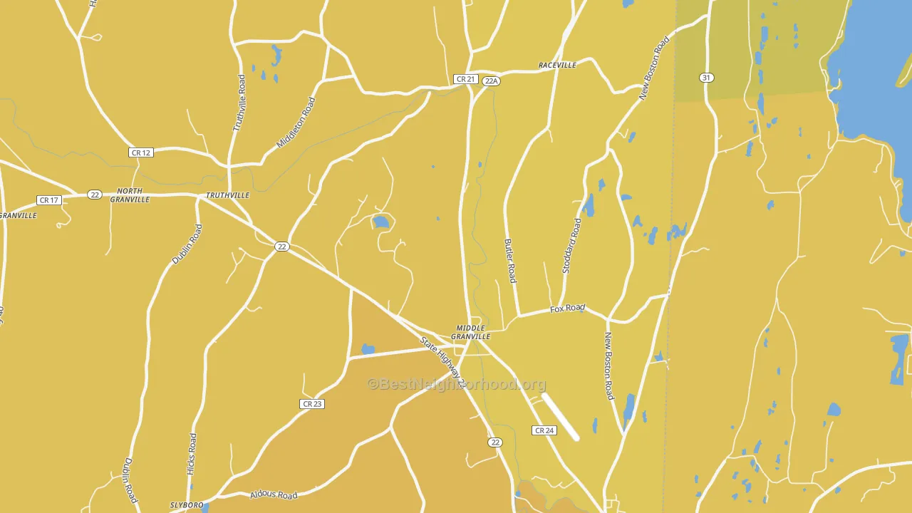 Map of the best neighborhoods in the Middle Granville area, with better matches in green and worse matches in red