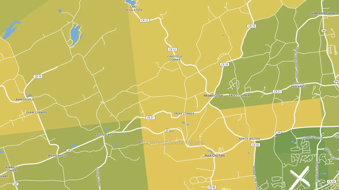Map of the best neighborhoods in the Middle Grove area, with better matches in green and worse matches in red