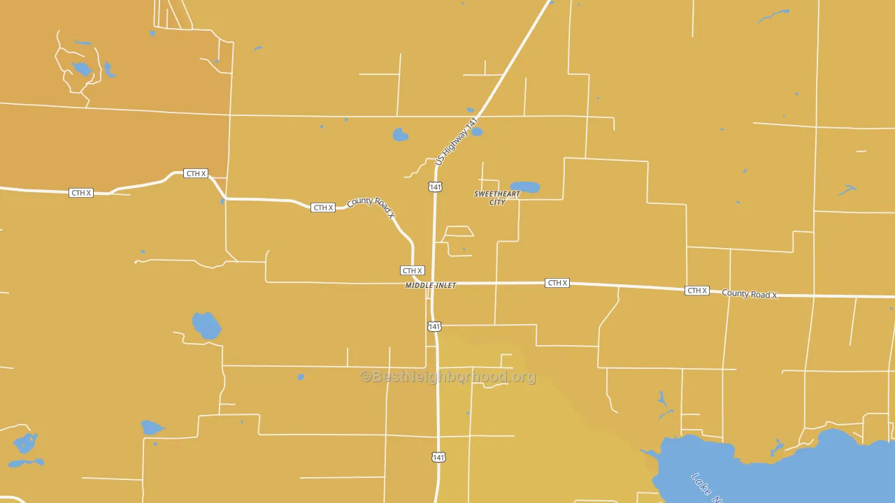 Map of the best neighborhoods in the Middle Inlet area, with better matches in green and worse matches in red