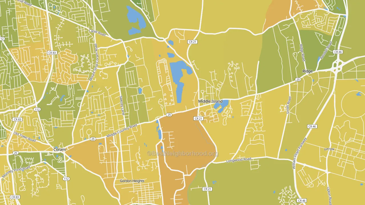 Map of the best neighborhoods in the Middle Island area, with better matches in green and worse matches in red