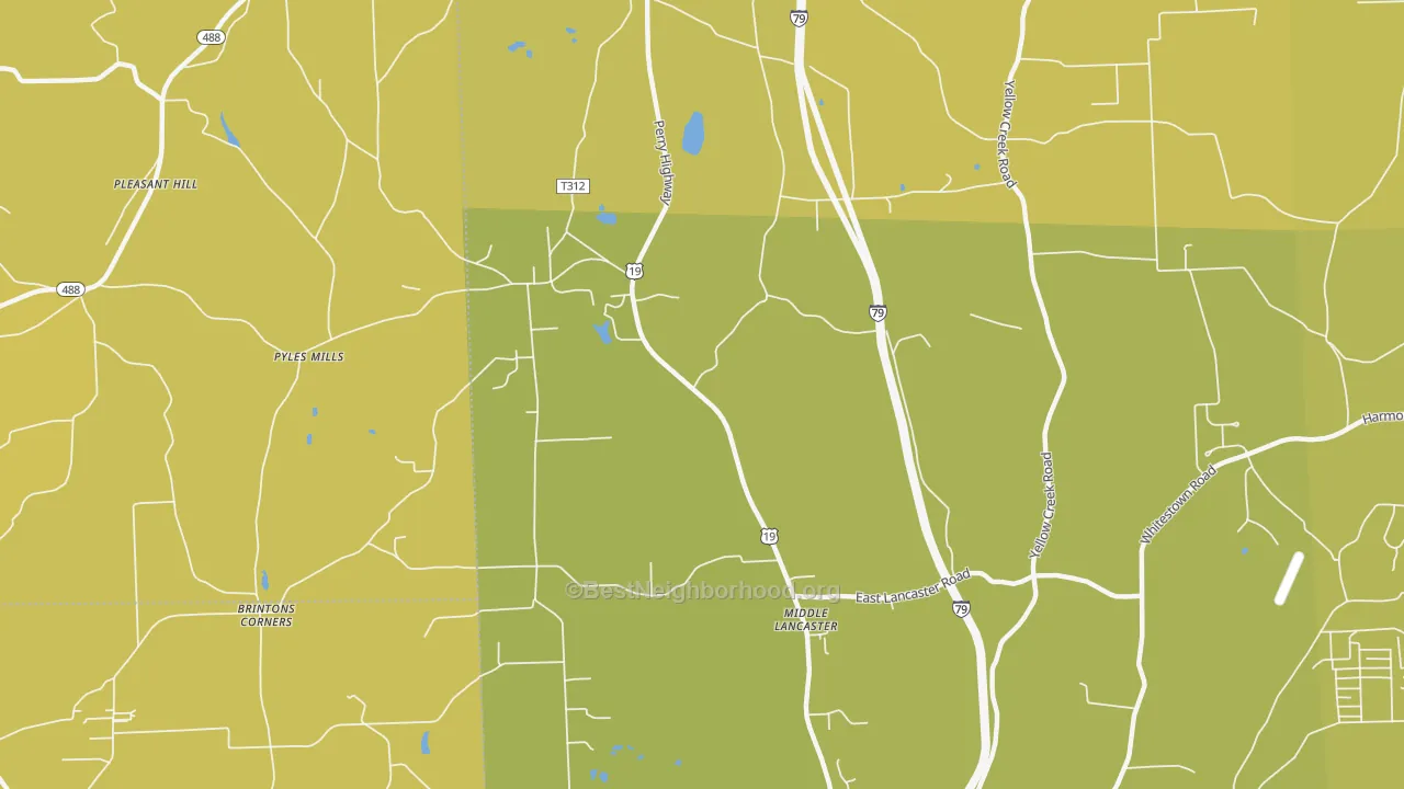 Map of the best neighborhoods in the Middle Lancaster area, with better matches in green and worse matches in red