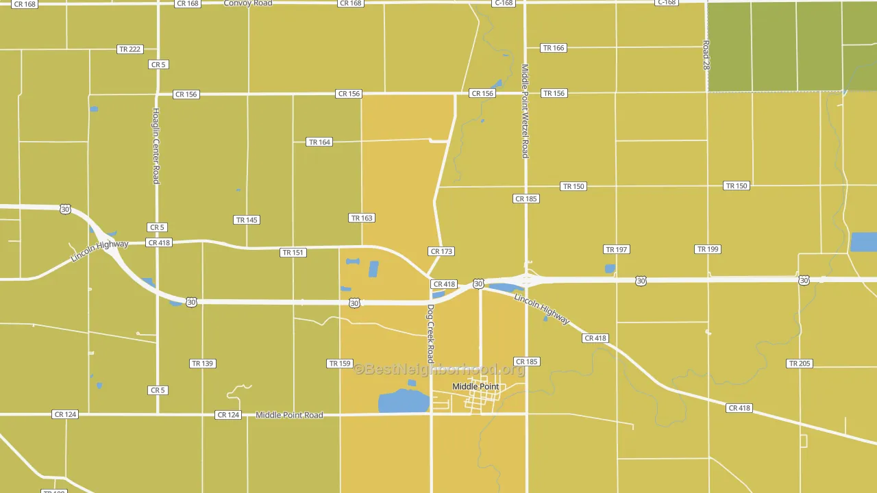 Map of the best neighborhoods in the Middle Point area, with better matches in green and worse matches in red