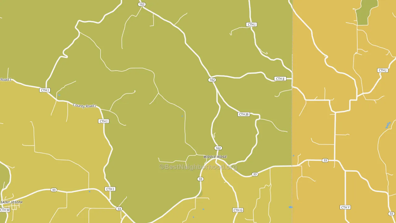 Map of the best neighborhoods in the Middle Ridge area, with better matches in green and worse matches in red