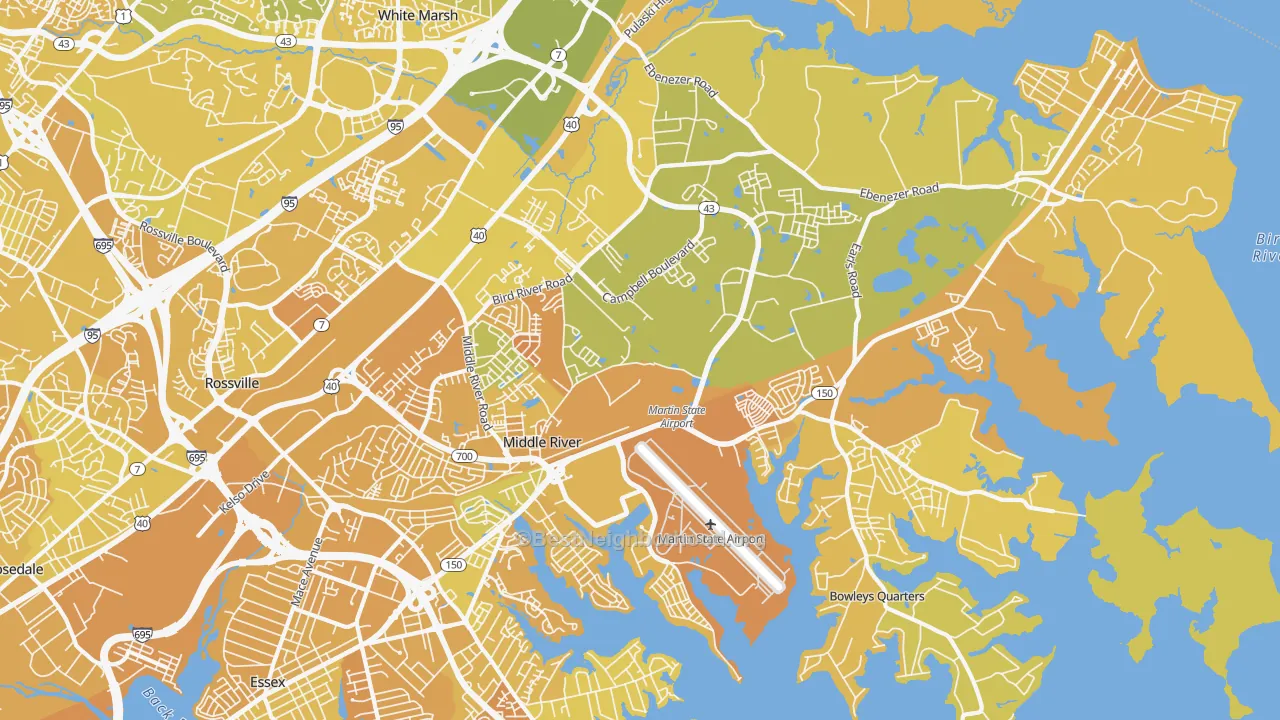 Map of the best neighborhoods in the Middle River area, with better matches in green and worse matches in red