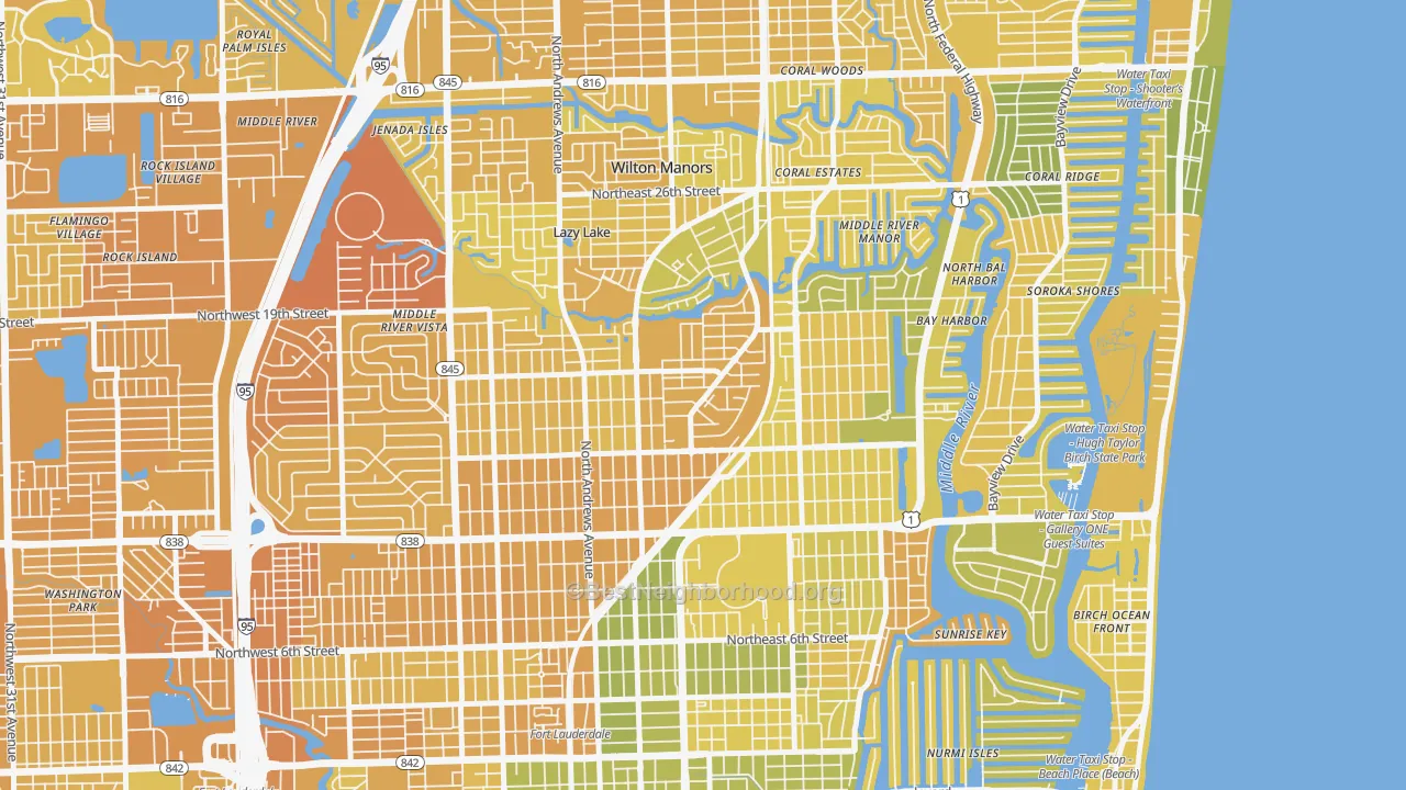 Map of the best neighborhoods in the Middle River Terrace, Fort Lauderdale area, with better matches in green and worse matches in red