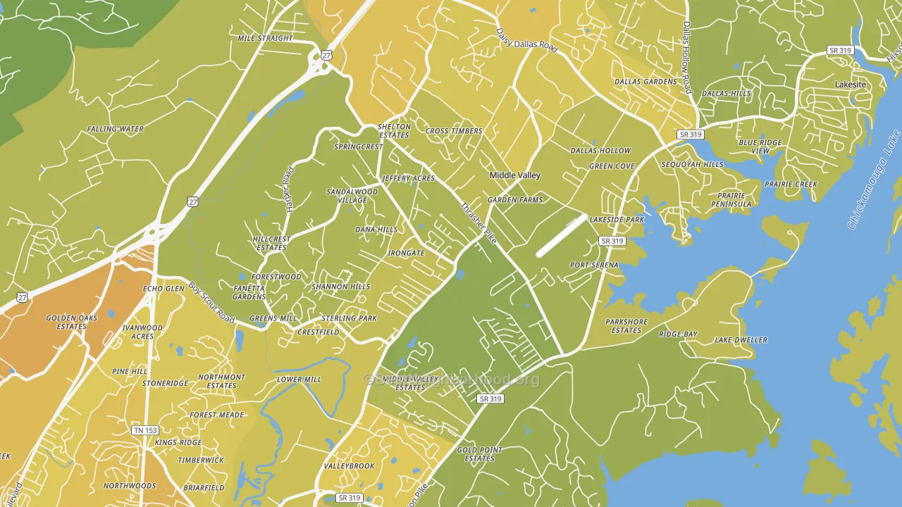 Map of the best neighborhoods in the Middle Valley area, with better matches in green and worse matches in red