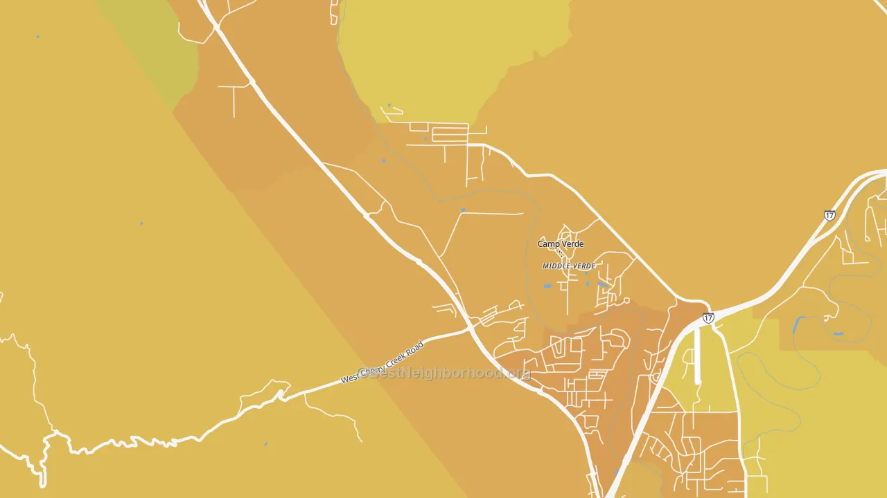 Map of the best neighborhoods in the Middle Verde area, with better matches in green and worse matches in red