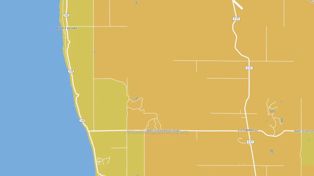 Map of the best neighborhoods in the Middle Village area, with better matches in green and worse matches in red