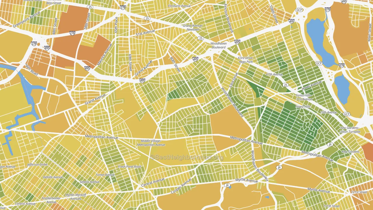 Map of the best neighborhoods in the Middle Village, Queens area, with better matches in green and worse matches in red