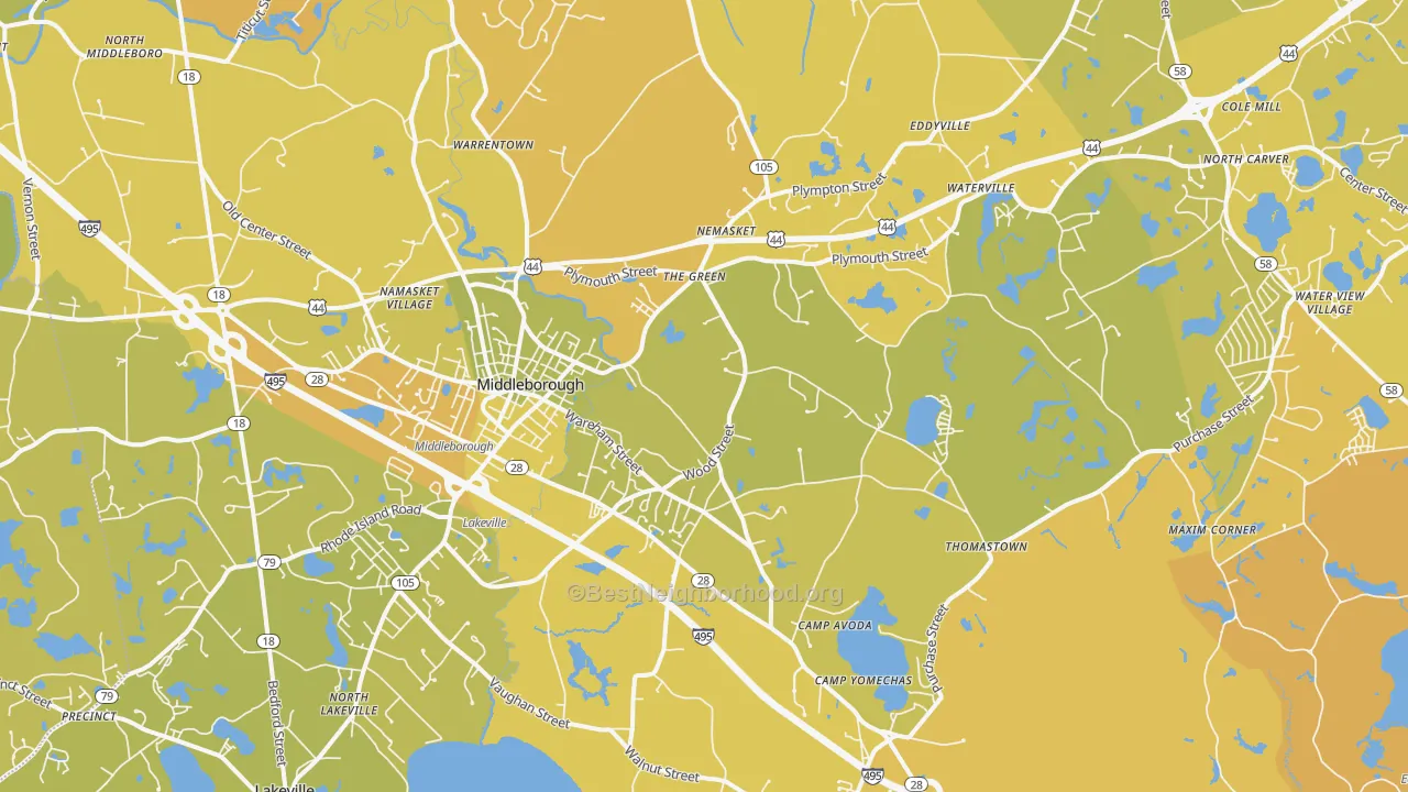 Map of the best neighborhoods in the Middleboro area, with better matches in green and worse matches in red