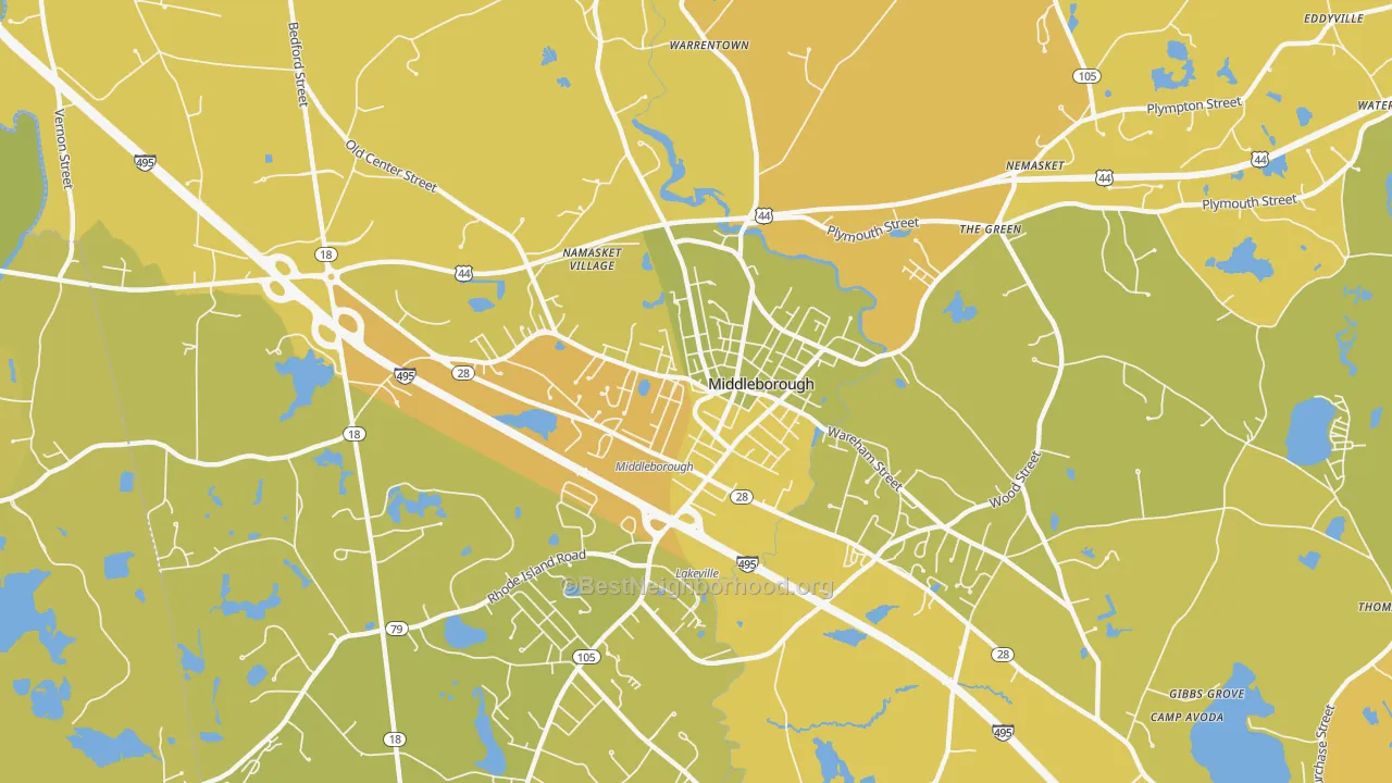 Map of the best neighborhoods in the Middleborough Center area, with better matches in green and worse matches in red