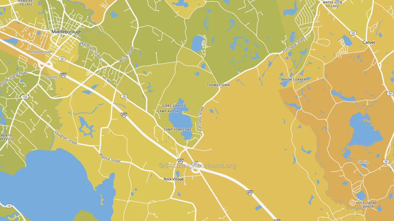 Map of the best neighborhoods in the Middleborough area, with better matches in green and worse matches in red