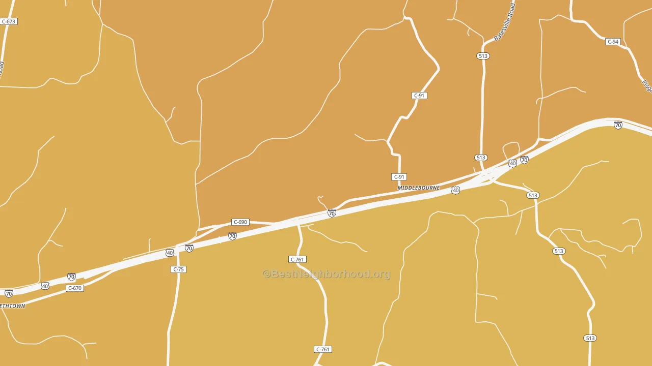 Map of the best neighborhoods in the Middlebourne area, with better matches in green and worse matches in red