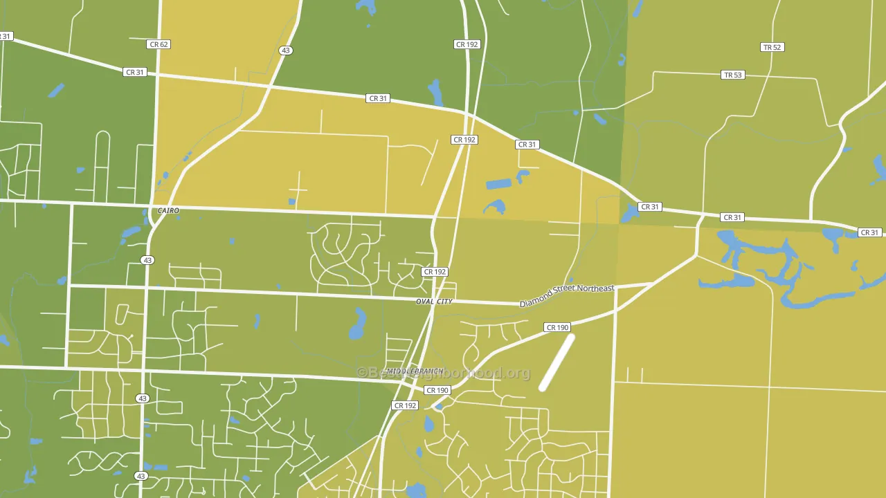Map of the best neighborhoods in the Middlebranch area, with better matches in green and worse matches in red