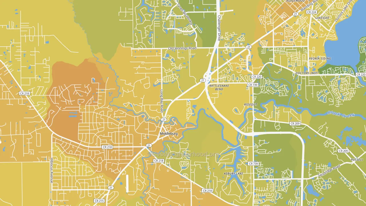 Map of the best neighborhoods in the Middleburg area, with better matches in green and worse matches in red