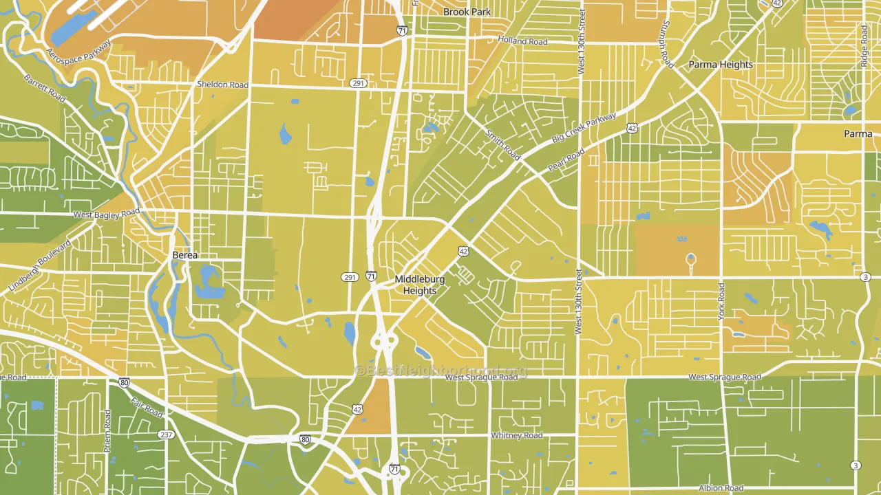 Map of the best neighborhoods in the Middleburg Heights area, with better matches in green and worse matches in red