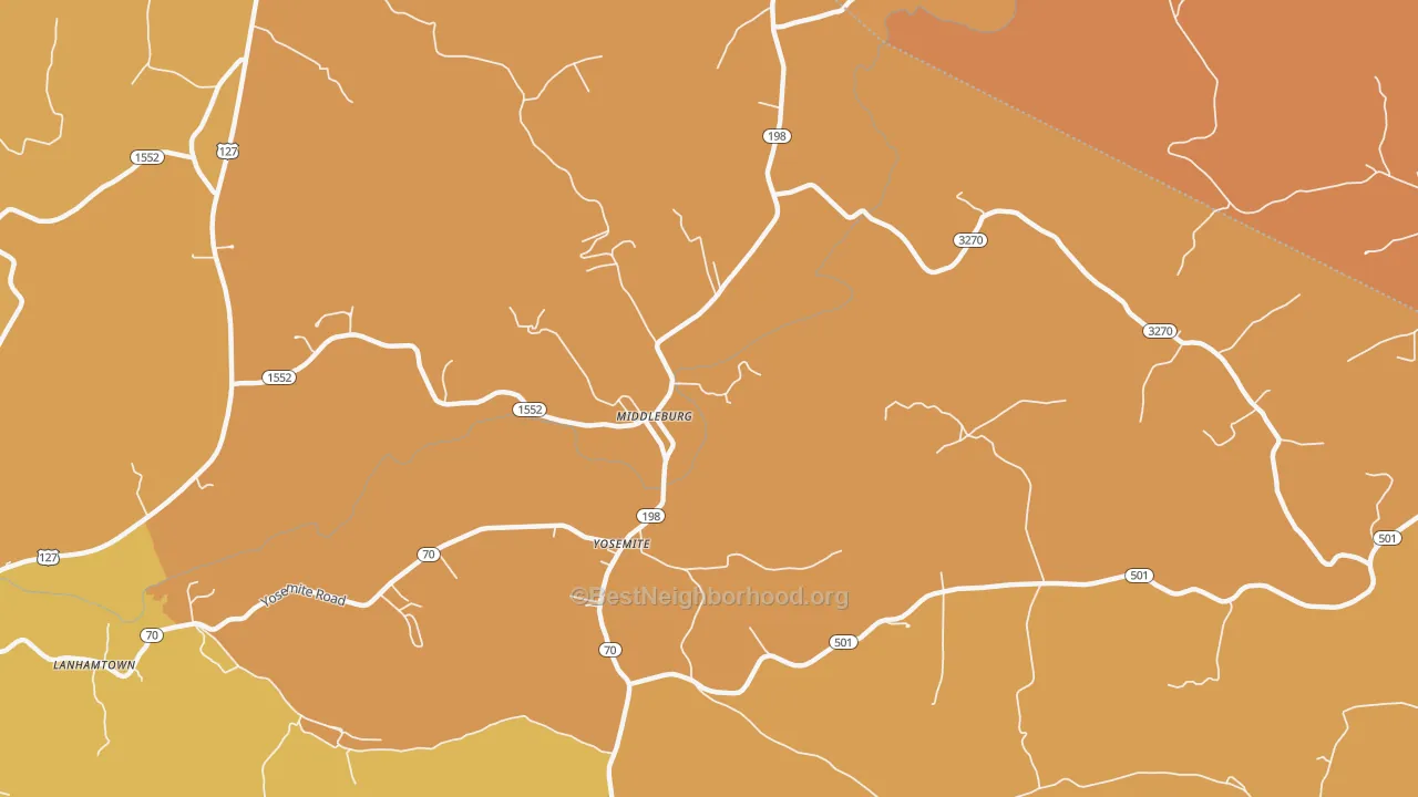Map of the best neighborhoods in the Middleburg area, with better matches in green and worse matches in red
