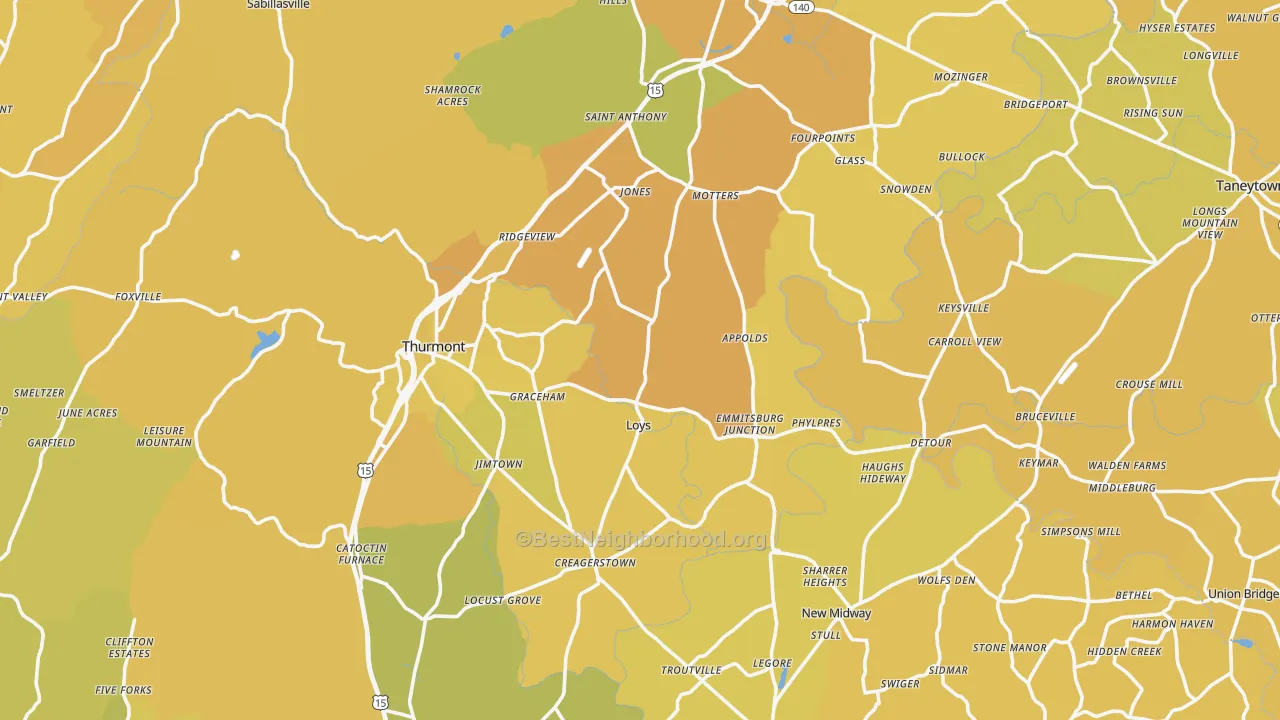 Map of the best neighborhoods in the Middleburg area, with better matches in green and worse matches in red