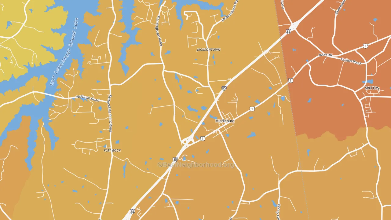 Map of the best neighborhoods in the Middleburg area, with better matches in green and worse matches in red
