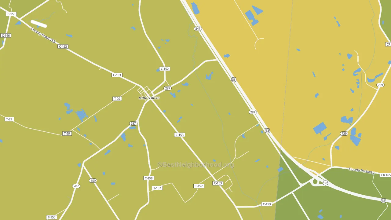 Map of the best neighborhoods in the Middleburg area, with better matches in green and worse matches in red