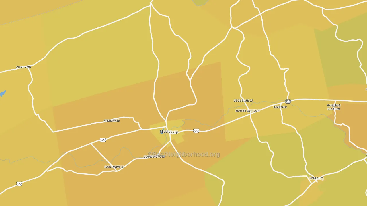 Map of the best neighborhoods in the Middleburg area, with better matches in green and worse matches in red