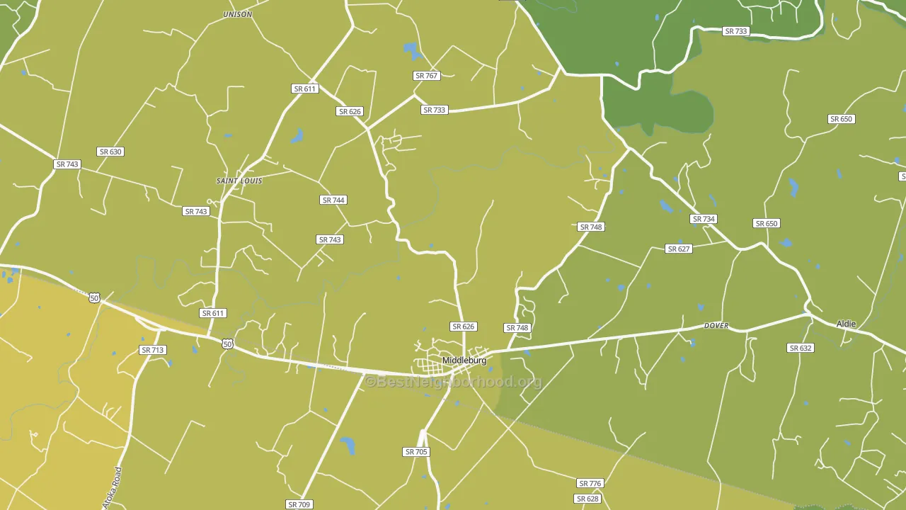 Map of the best neighborhoods in the Middleburg area, with better matches in green and worse matches in red