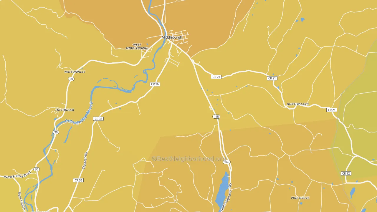 Map of the best neighborhoods in the Middleburgh area, with better matches in green and worse matches in red