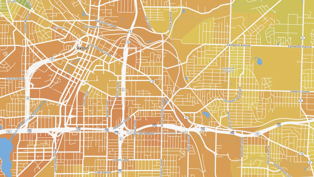 Map of the best neighborhoods in the Middlebury, Akron area, with better matches in green and worse matches in red