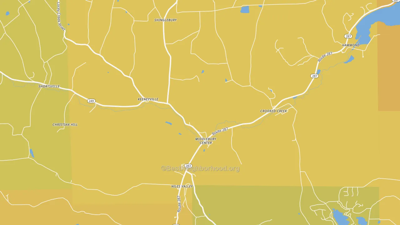 Map of the best neighborhoods in the Middlebury Center area, with better matches in green and worse matches in red
