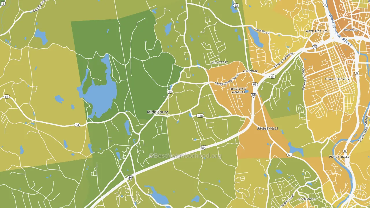 Map of the best neighborhoods in the Middlebury area, with better matches in green and worse matches in red
