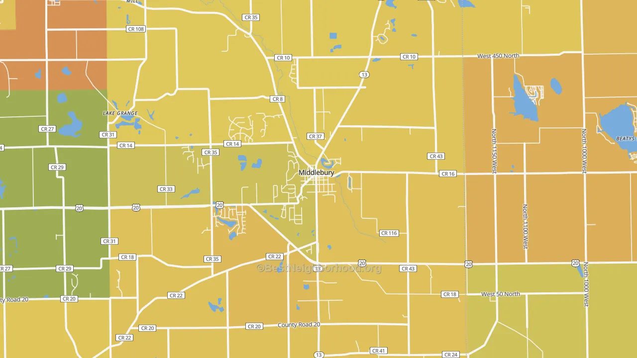 Map of the best neighborhoods in the Middlebury area, with better matches in green and worse matches in red