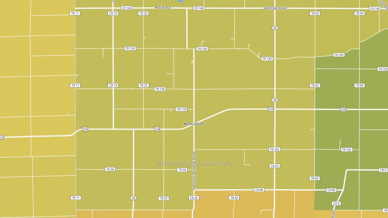 Map of the best neighborhoods in the Middlebury area, with better matches in green and worse matches in red