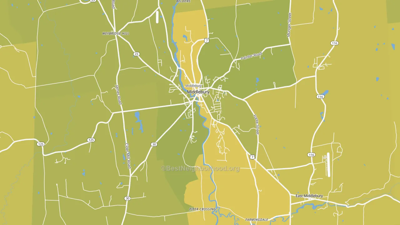 Map of the best neighborhoods in the Middlebury area, with better matches in green and worse matches in red