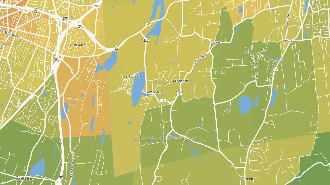 Map of the best neighborhoods in the Middlefield area, with better matches in green and worse matches in red