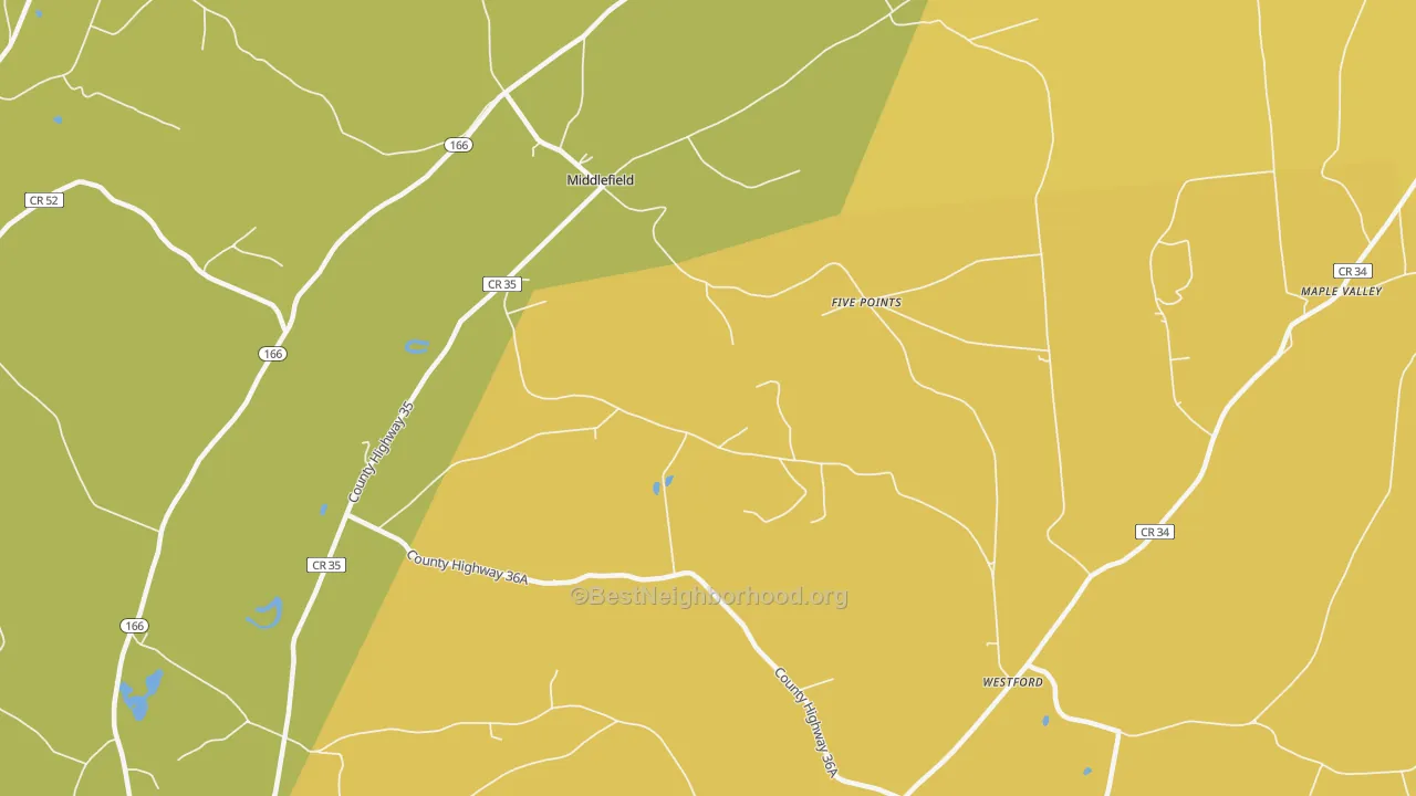 Map of the best neighborhoods in the Middlefield area, with better matches in green and worse matches in red