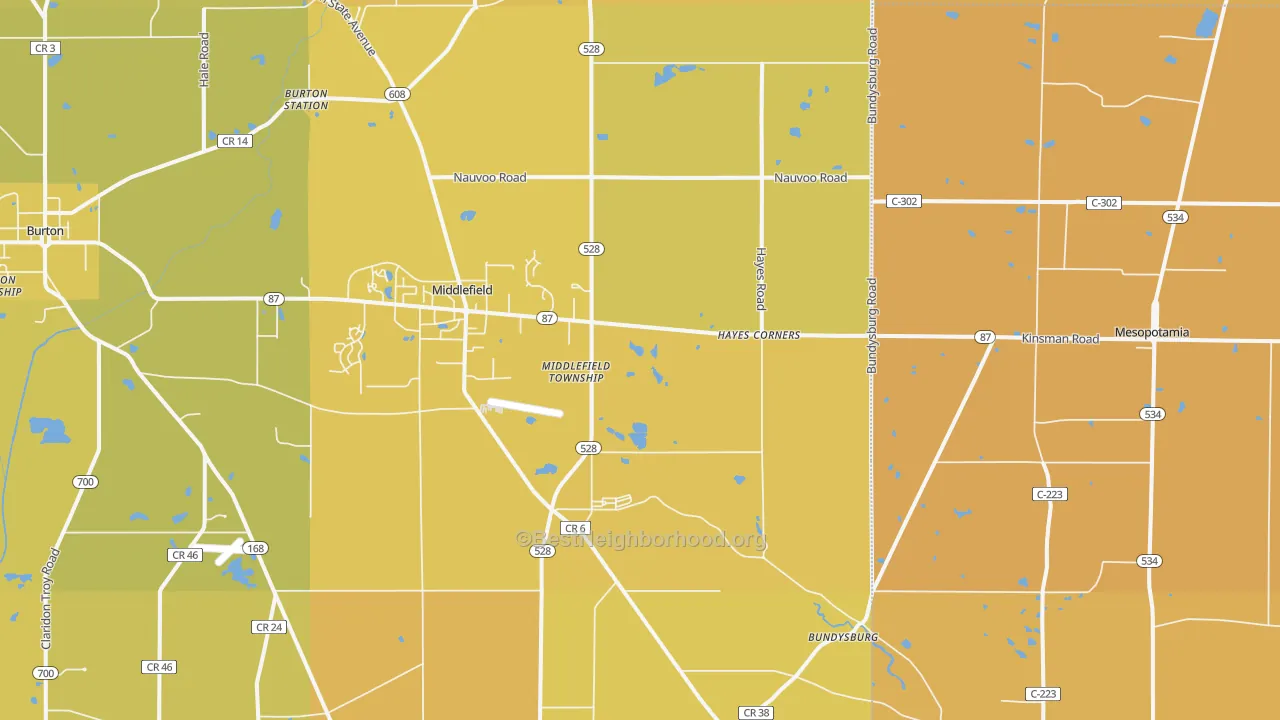 Map of the best neighborhoods in the Middlefield area, with better matches in green and worse matches in red