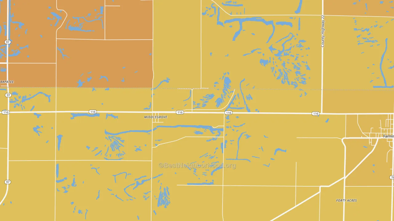 Map of the best neighborhoods in the Middlegrove area, with better matches in green and worse matches in red