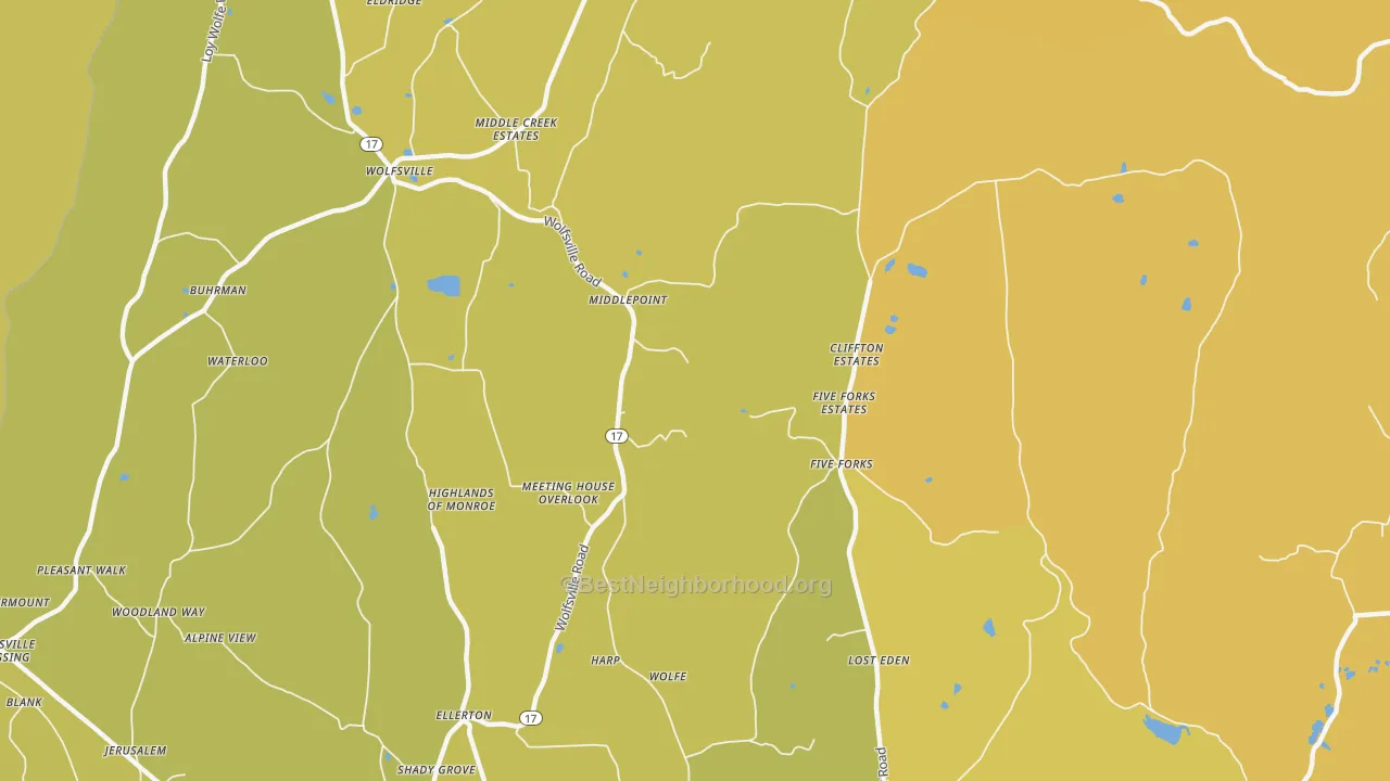 Map of the best neighborhoods in the Middlepoint area, with better matches in green and worse matches in red