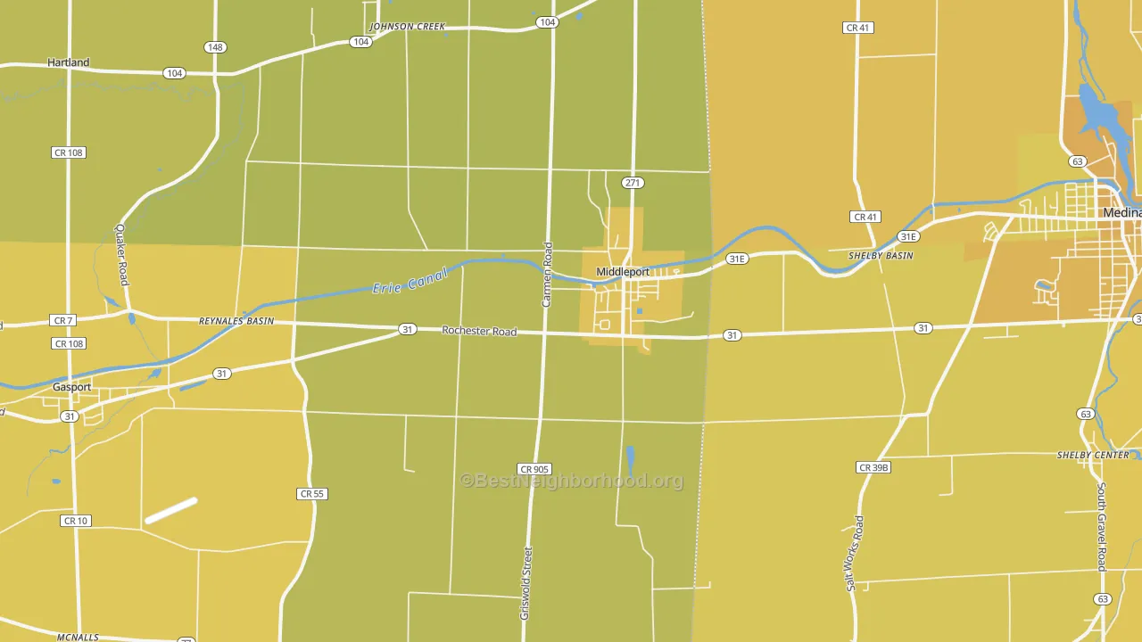 Map of the best neighborhoods in the Middleport area, with better matches in green and worse matches in red