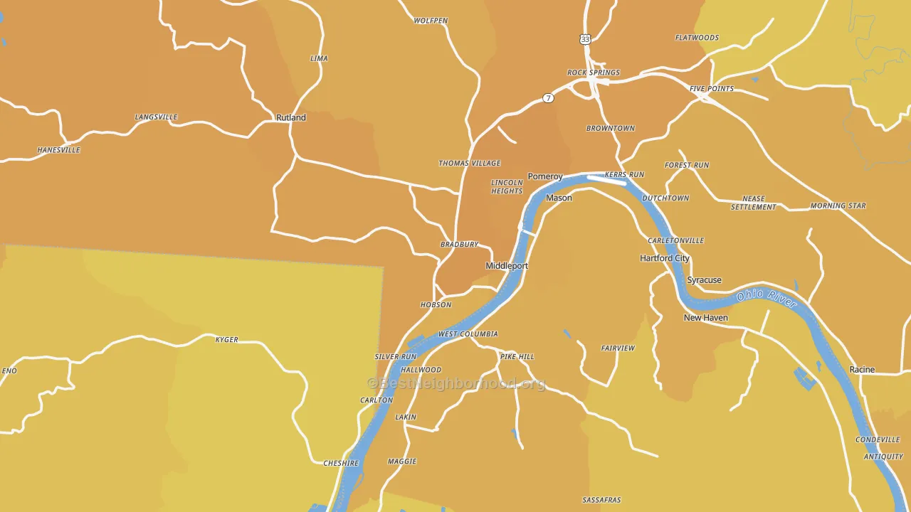 Map of the best neighborhoods in the Middleport area, with better matches in green and worse matches in red